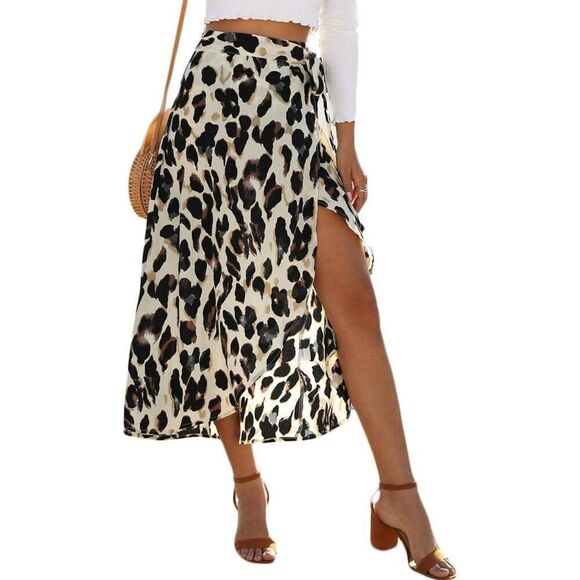 Newchoice Leopard Wrap Skirt Midi High Low Tie Waist Asymmetrical Size M - Picture 3 of 7
